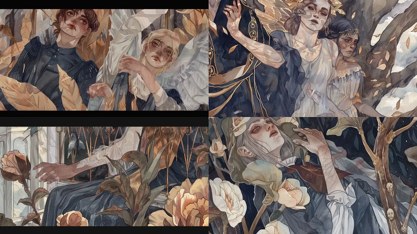 Whispering Florals and Ethereal Elegance: A Meld of Art Nouveau and Modern Illustrative Techniques - Midjourney sref style