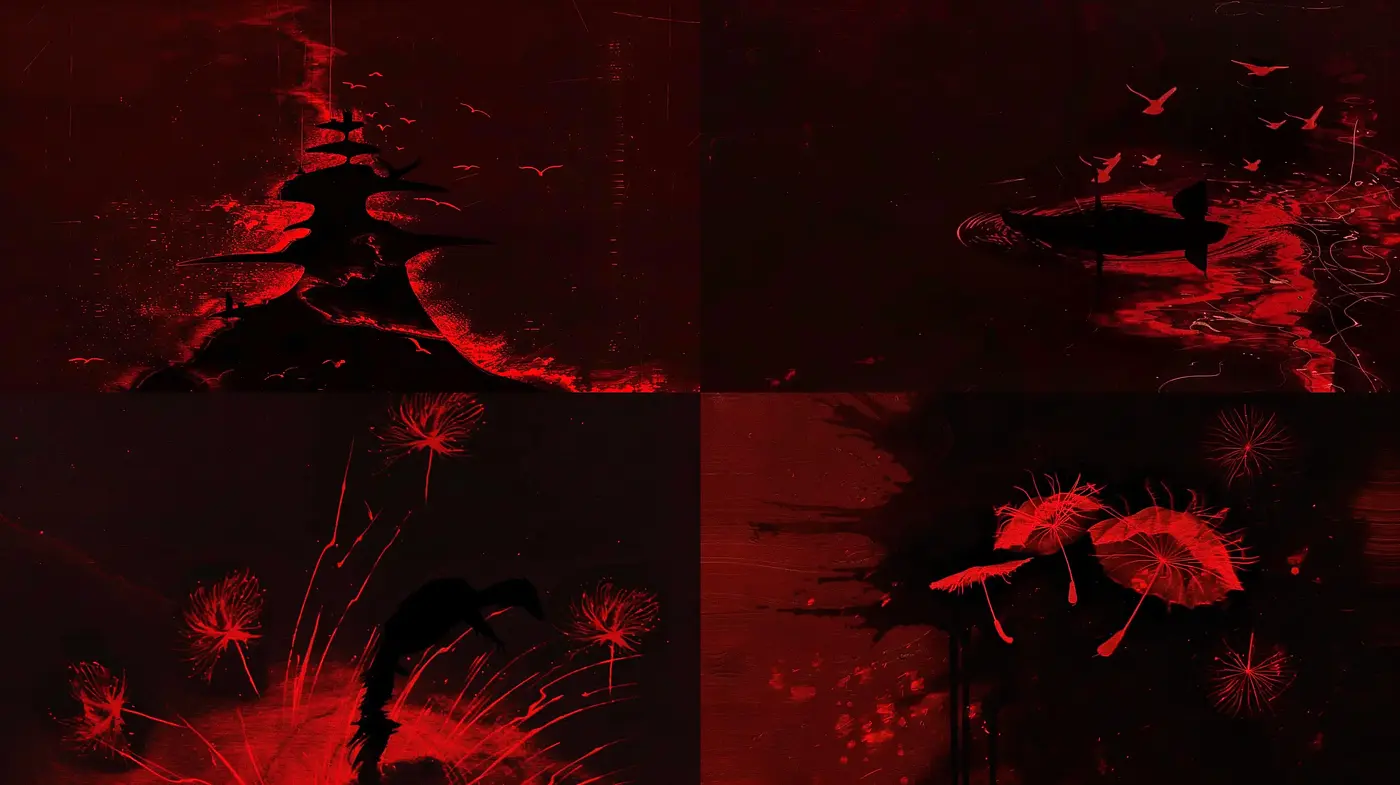 Crimson Eclipsed Dreamscape: A Fusion of Abstract Expression and Dark Surrealism - Midjourney sref style