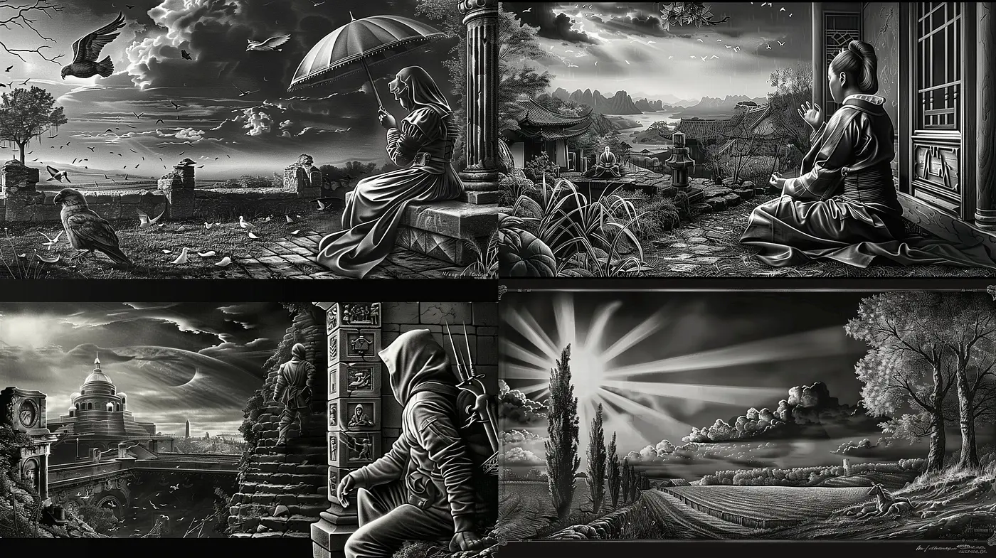 Monochromatic Dreamscape: The Essence of Atmospheric Surrealism and Gothic Romance - Midjourney sref style