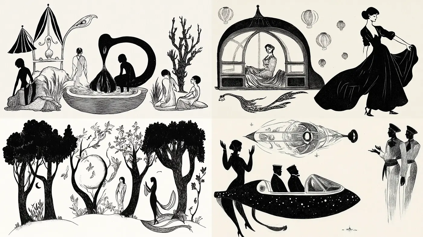 Elegant Monochrome Vignettes with Surrealist Undertones - Midjourney sref style