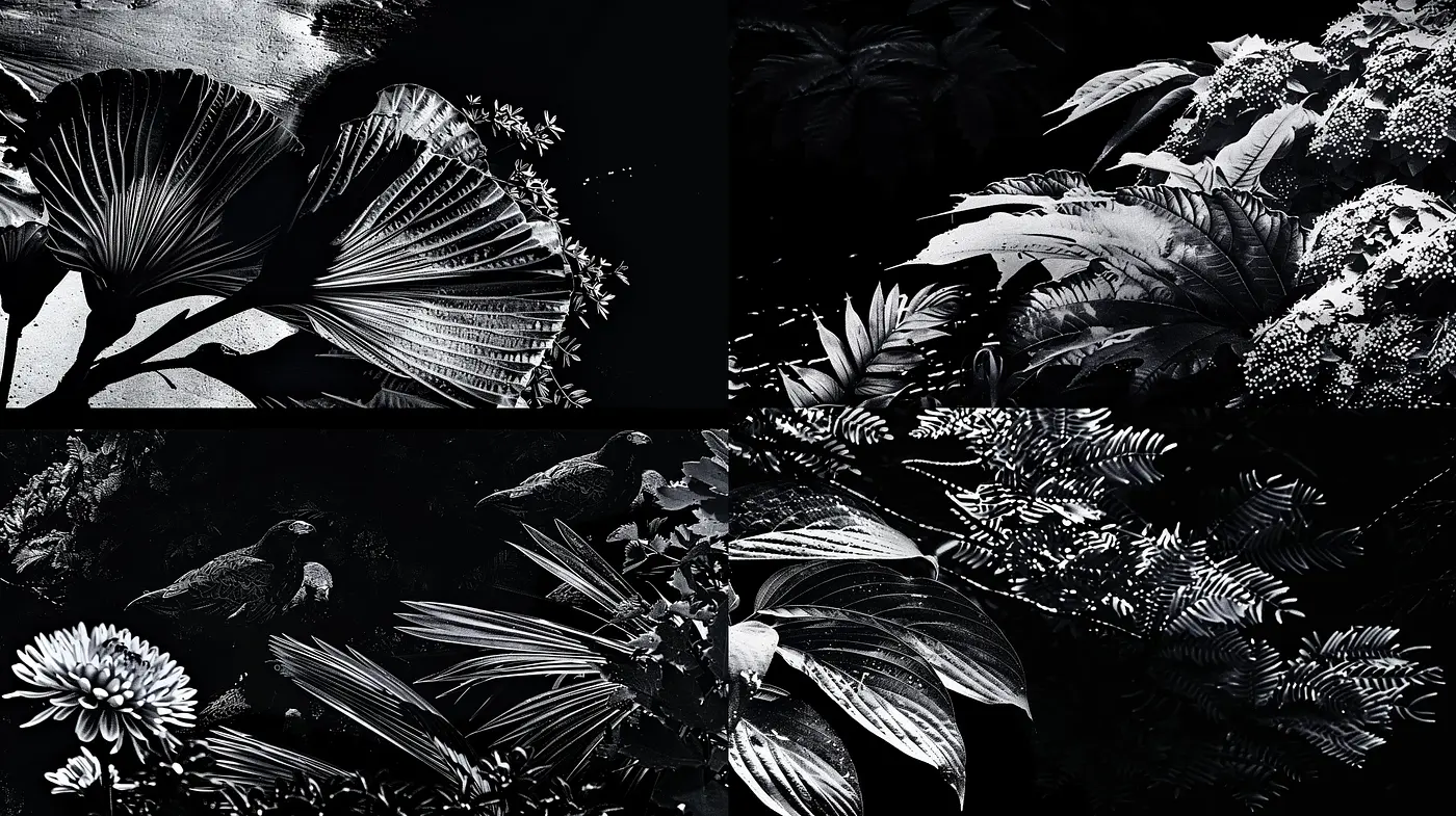 Monochromatic Botanical Essence in High Contrast - Midjourney sref style