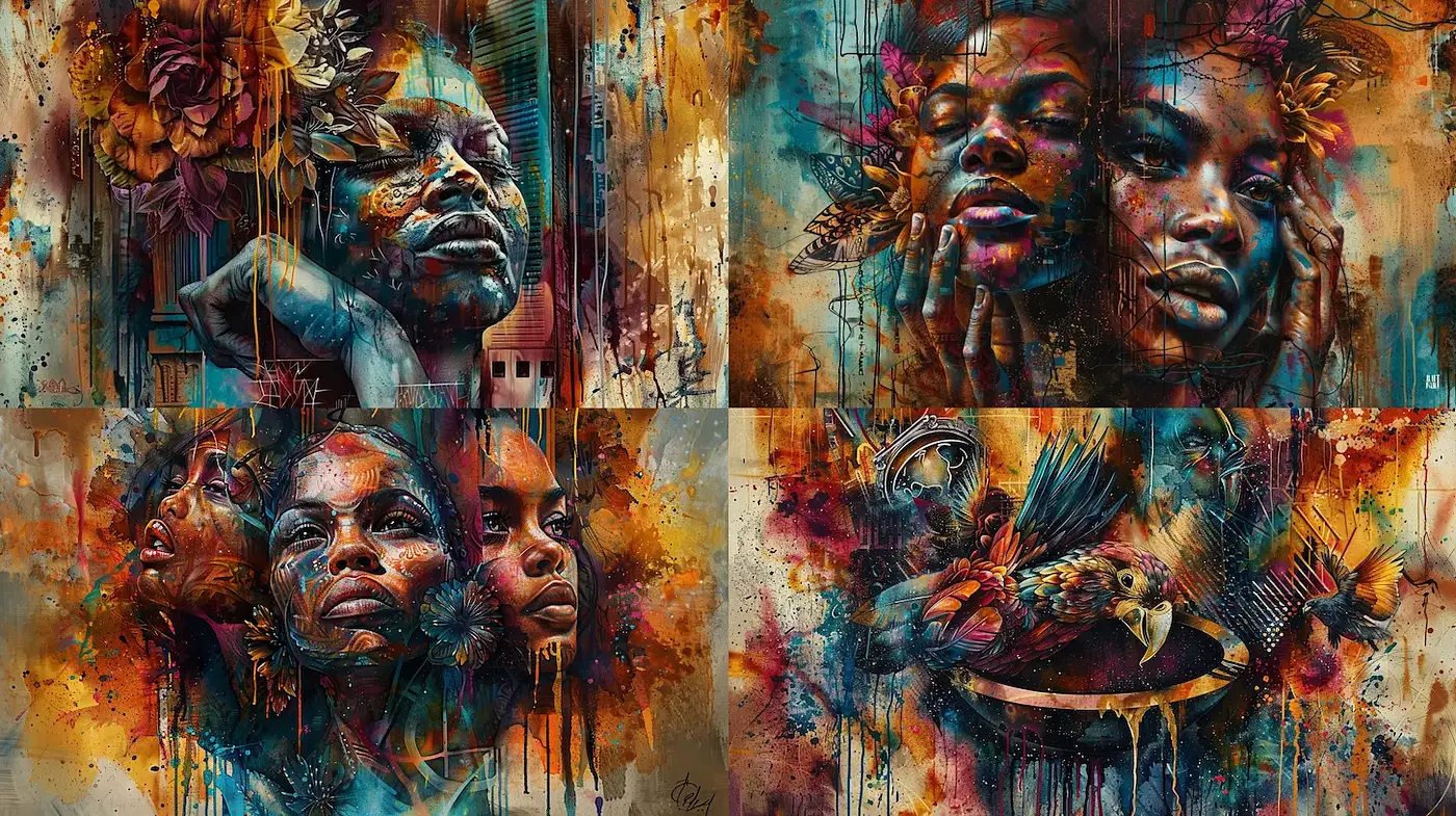 Dynamic and expressive portraiture with floral elements and vibrant color splashes - Midjourney sref style