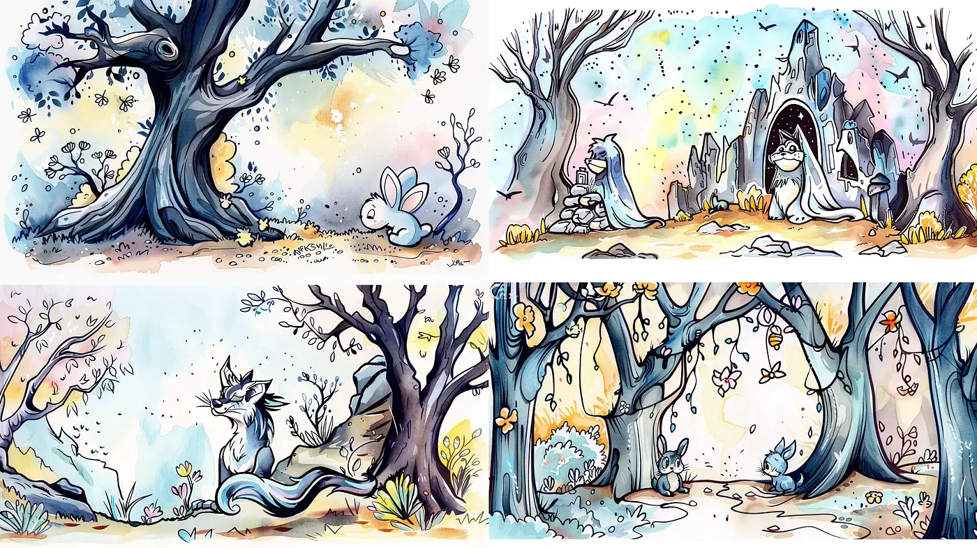 Whimsical Enchanted Forest: A Consistent Dreamlike Watercolor Journey - Midjourney sref style