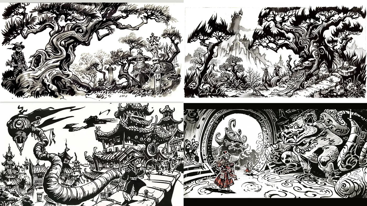 Monochromatic Mythological Elegance in Brushstroke and Ink - Midjourney sref style