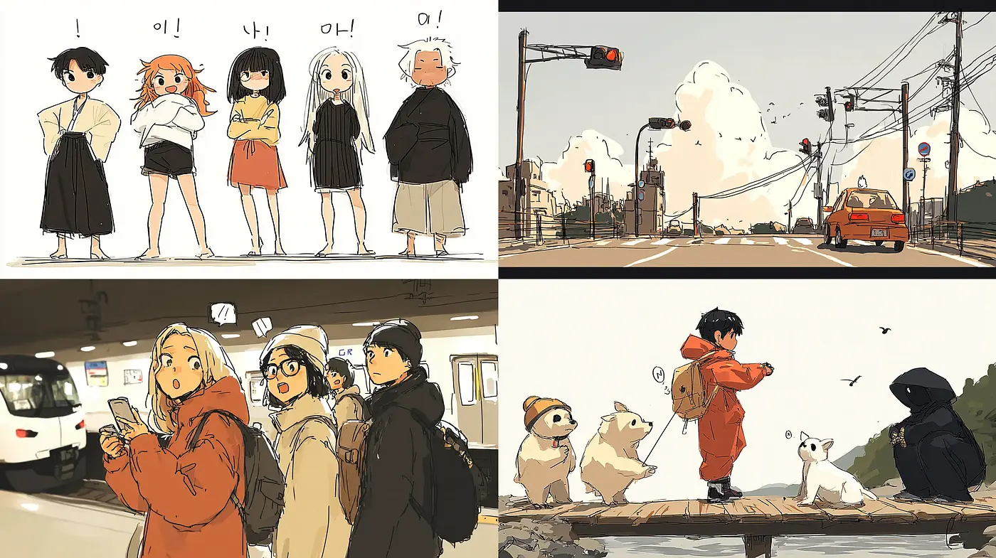 Consistent Artistic Expression Featuring Playful Characters and Urban Landscapes - Midjourney sref style