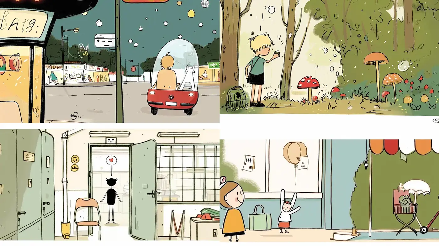 Playful and Whimsical Illustrative Style with a Touch of Nostalgia - Midjourney sref style