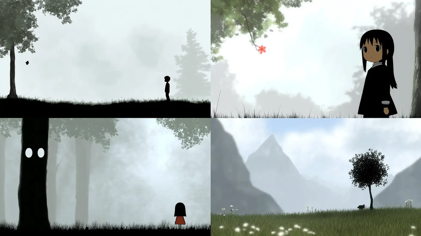 Misty Serenity in Monochromatic Greens: A Stylized Blend of Anime and Minimalism - Midjourney sref style