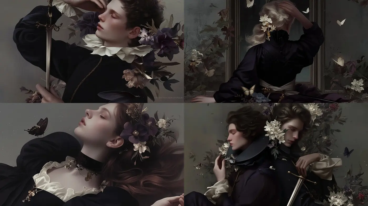 Ethereal Renaissance Reverie: A Muted Tapestry of Florals and Elegance - Midjourney sref style