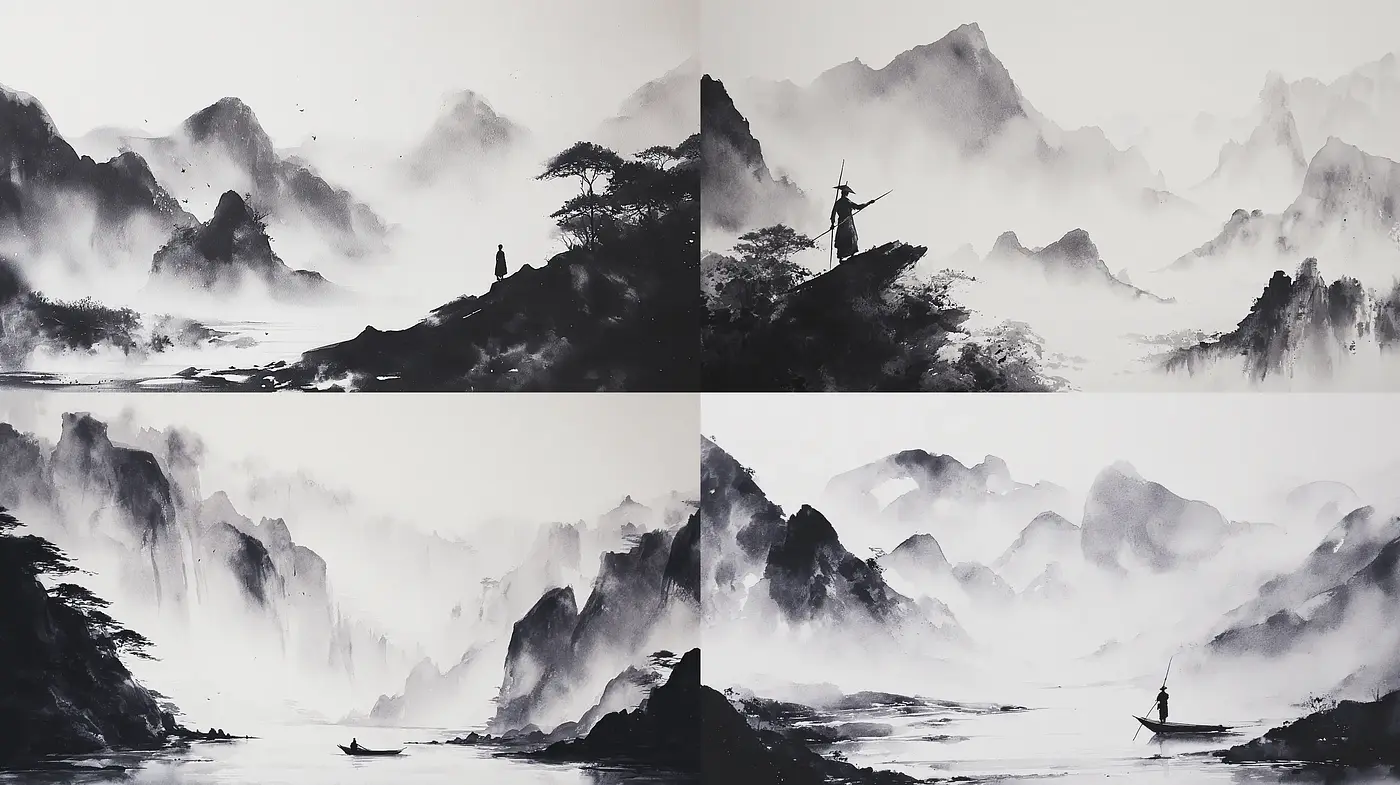 Serene and Ethereal Black and White Landscape with Minimalist Elements - Midjourney sref style