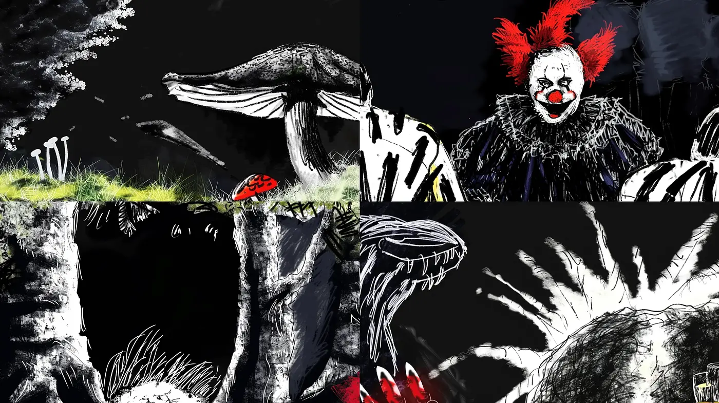 Gritty Contrast Fantasia: A Dance of Chiaroscuro and Surreal Forms - Midjourney sref style