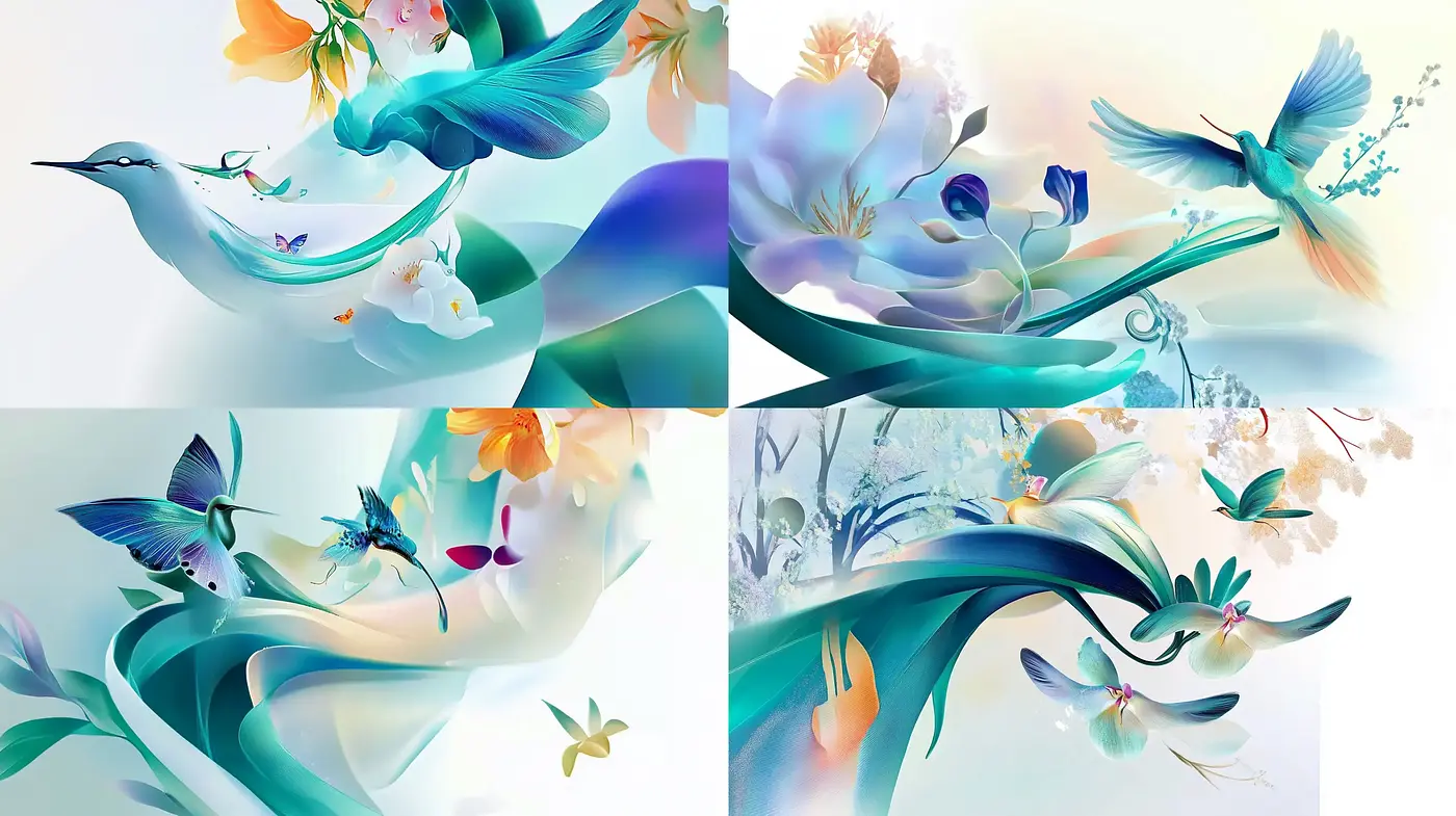Ethereal Florals and Birds in Luminescent Dreamscape - Midjourney sref style