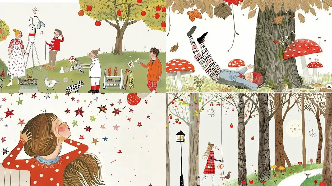 Whimsical and Playful Illustration Style with Nature Themes - Midjourney sref style