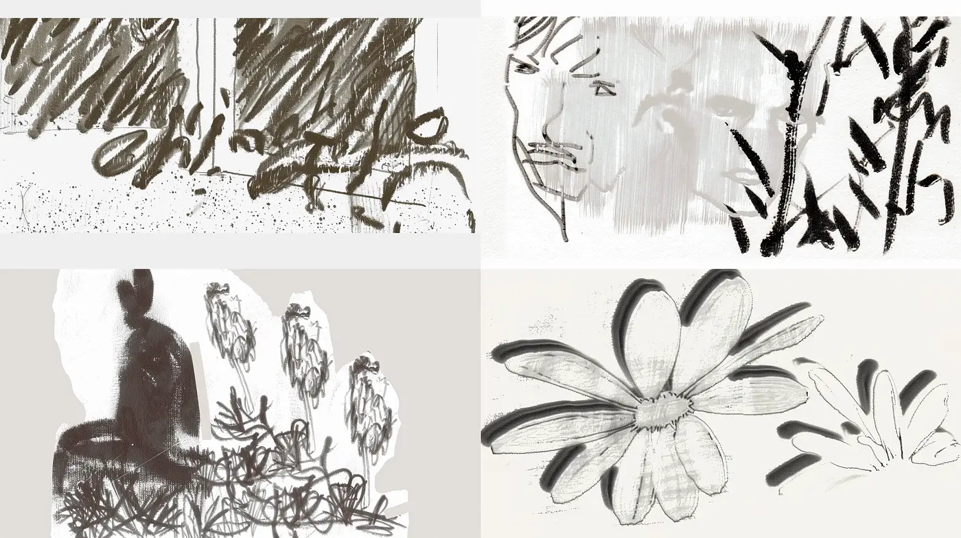 Monochromatic Sketch-esque Renderings with Subtle Gradients and Abstract Hatching - Midjourney sref style