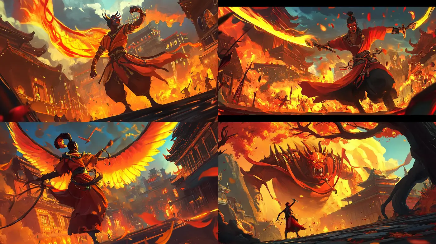 Epic Saga of Celestial Conflict in Warm Tones - Midjourney sref style