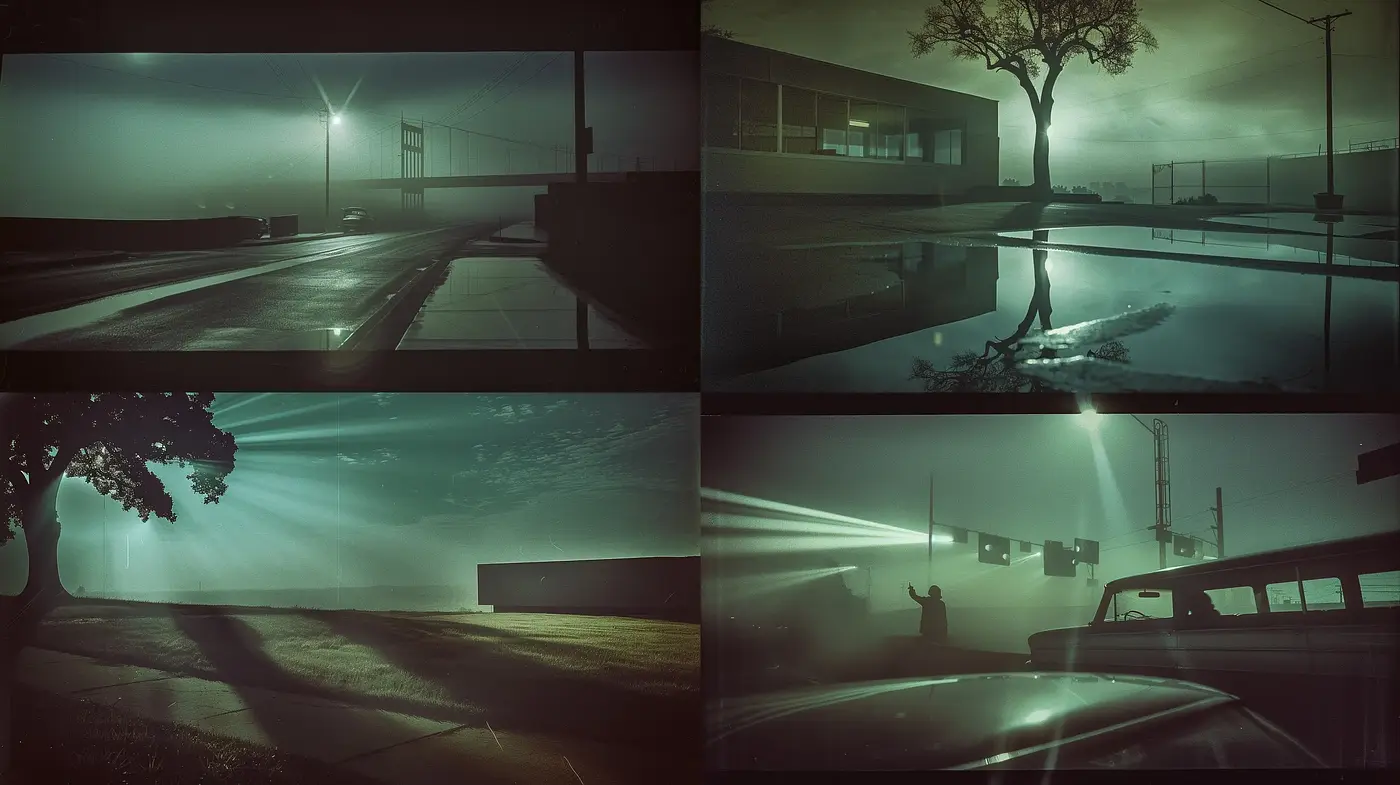 Nocturnal Serenity: Evoking the Hushed Tones of Cinematic Suspense - Midjourney sref style