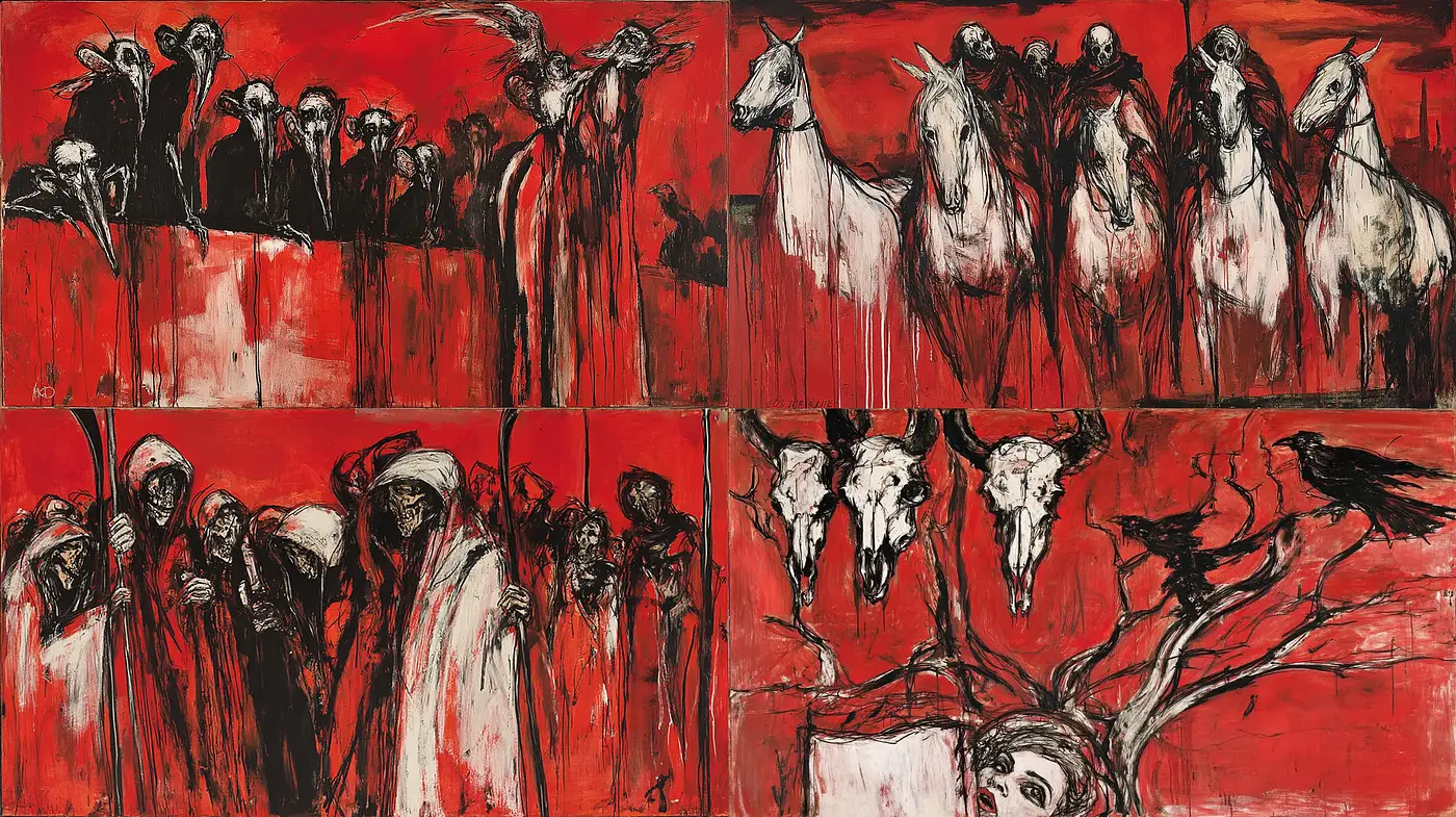 Dramatic and haunting visual narrative with haunting figures - Midjourney sref style