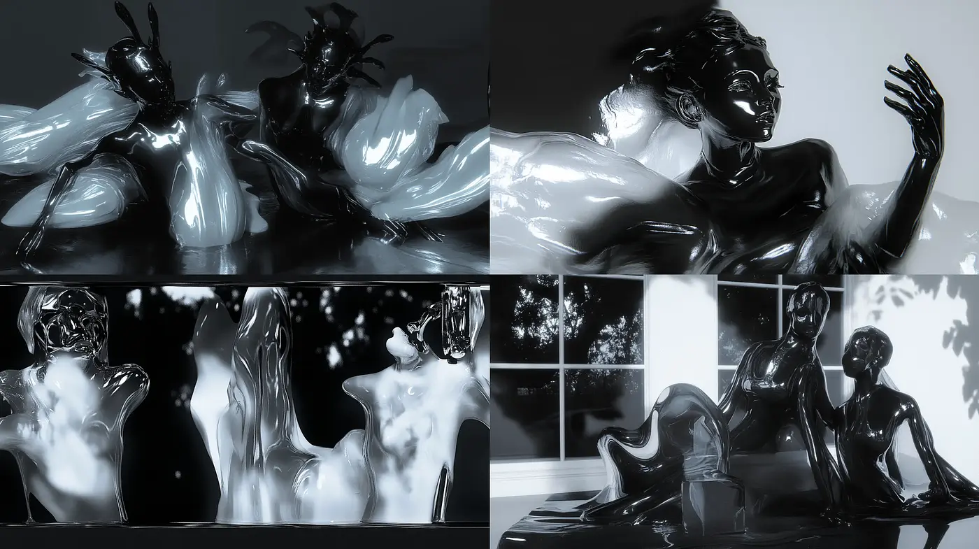 Monochromatic Fluidity: A Study in Glossy Black and White Sculptural Forms - Midjourney sref style