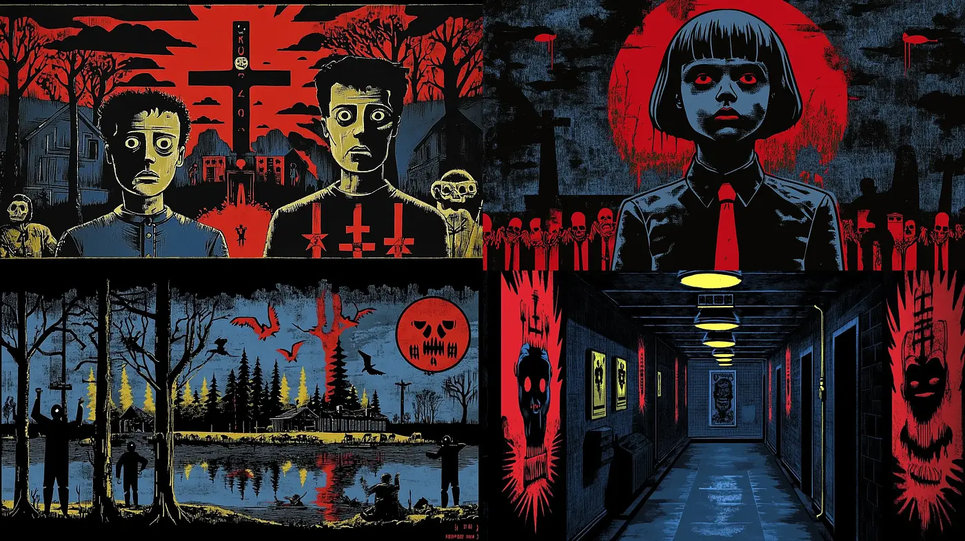 Eerie Nocturnal Hues with Stark Contrast and Graphic Novel Appeal - Midjourney sref style