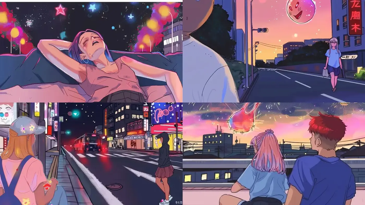 Contemporary Urban Vibe with Dreamlike Elements and Neon Accents - Midjourney sref style