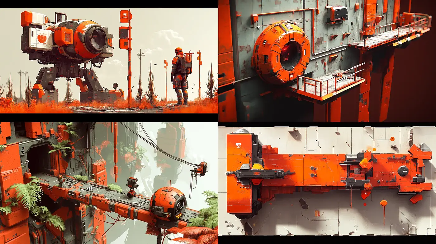 Dystopian Industrial Orange: Homogeneity in Decay and Rust - Midjourney sref style