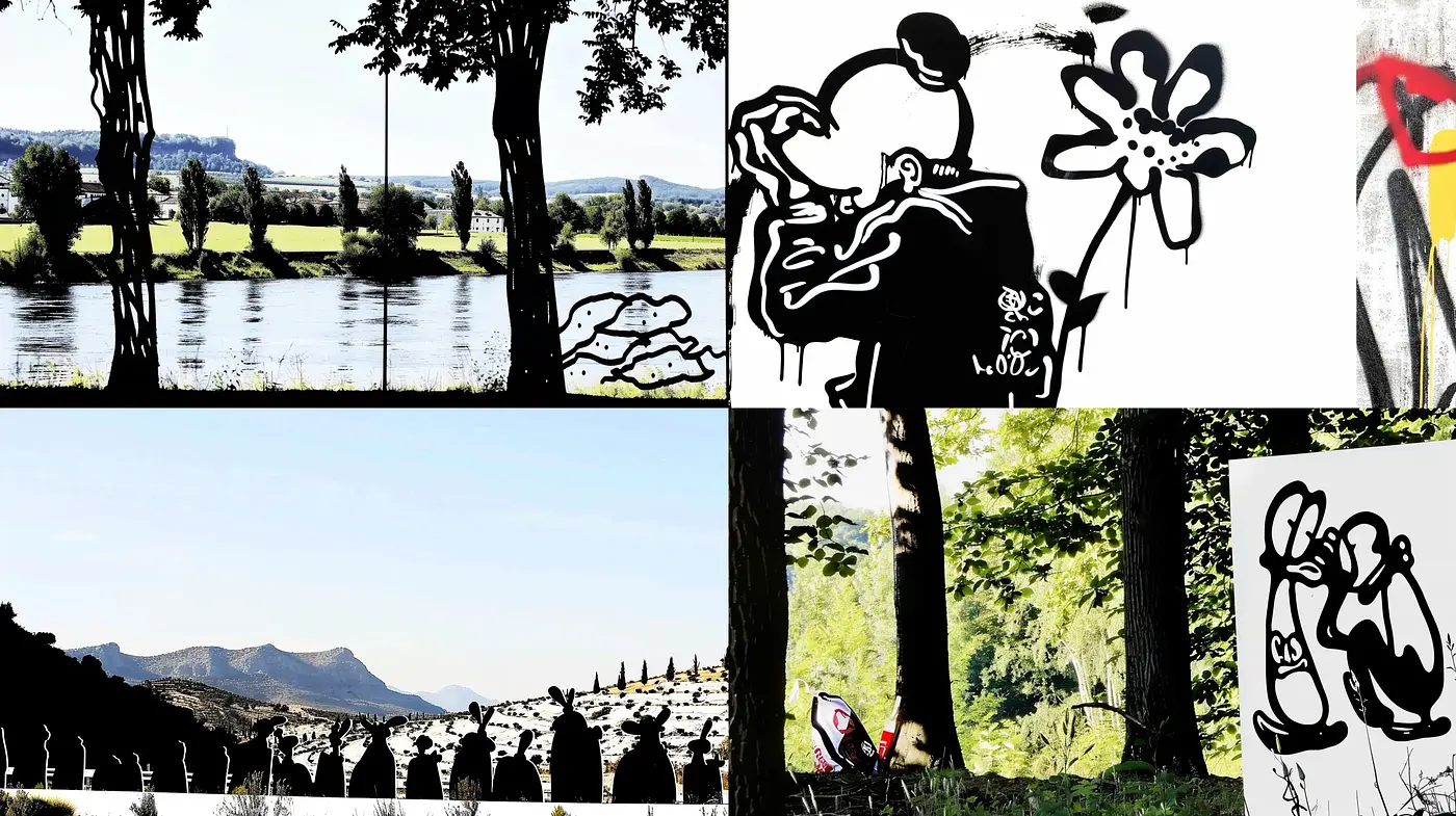 Stylized Contrast of Nature and Graffiti Fusion - Midjourney sref style