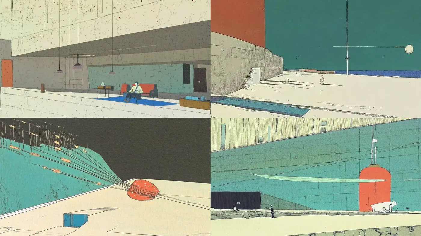 Subdued Retro-Futuristic Dreamscape Illustrations - Midjourney sref style