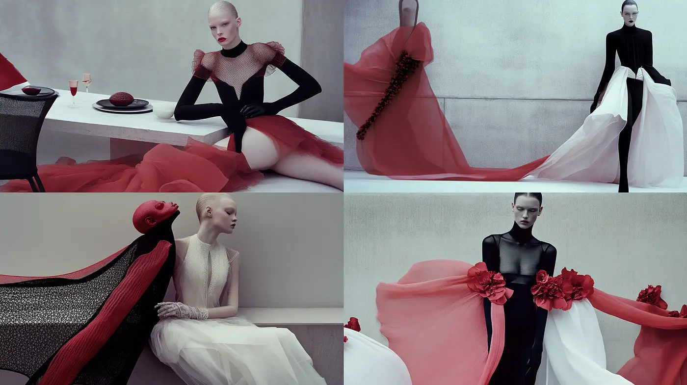 Ethereal Monochrome Elegance with Striking Red Accents - Midjourney sref style