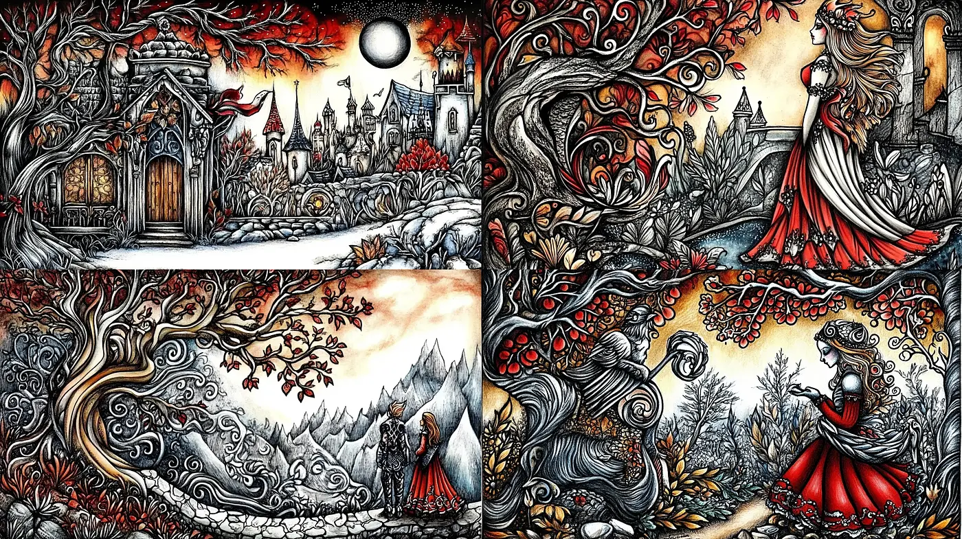 Gothic Fantasy Realms with Baroque Stylings and Vibrant Accents - Midjourney sref style