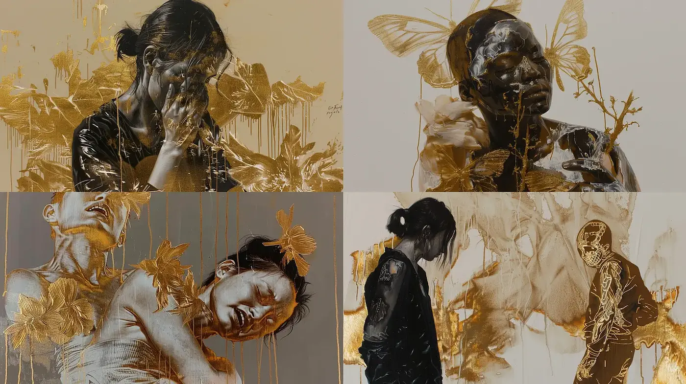 Golden-tinged ethereal expressionism with a haunting atmosphere - Midjourney sref style