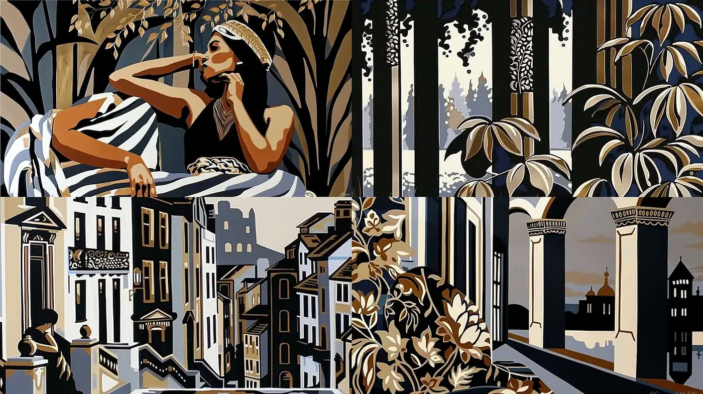 Art Deco-inspired elegance with a focus on organic motifs and architectural grandeur - Midjourney sref style