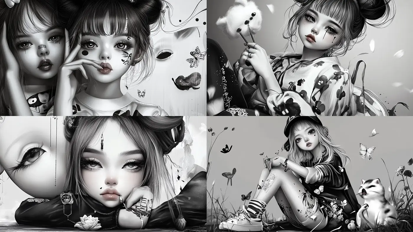 Monochromatic Elegance with a Surreal Anime Influence - Midjourney sref style