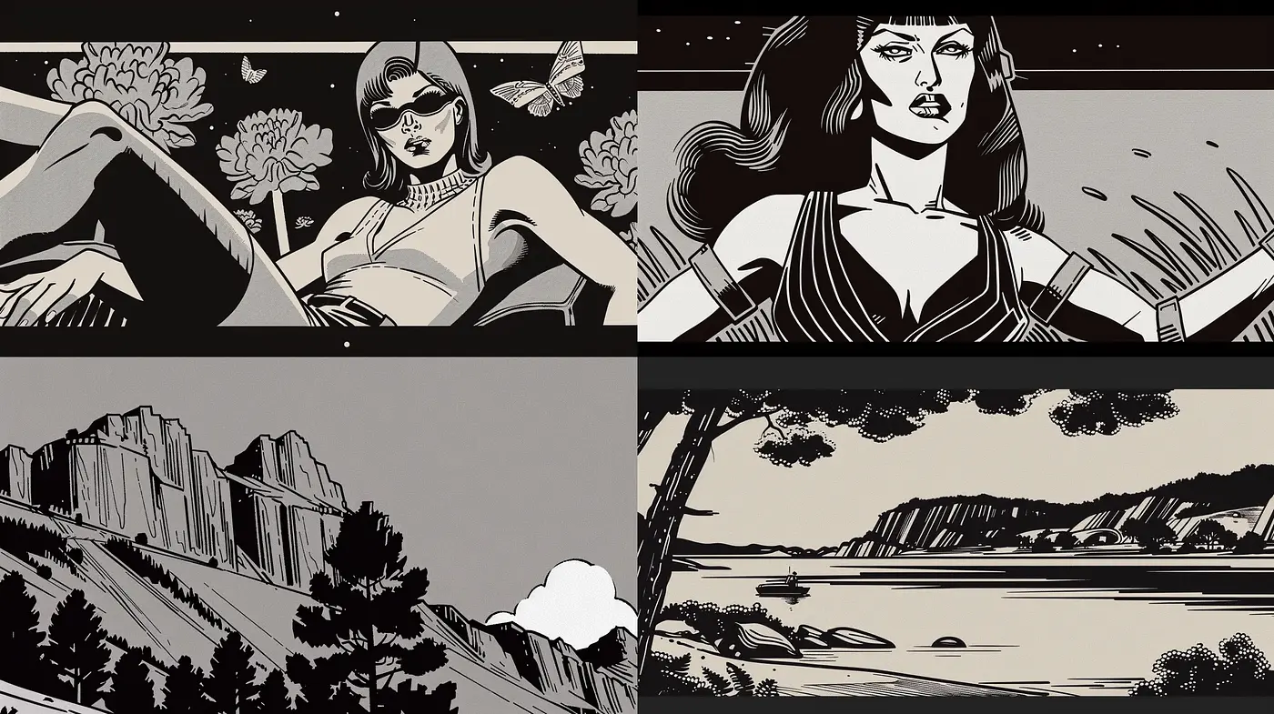 Monochrome Narratives in Stylized Illustrative Realism - Midjourney sref style