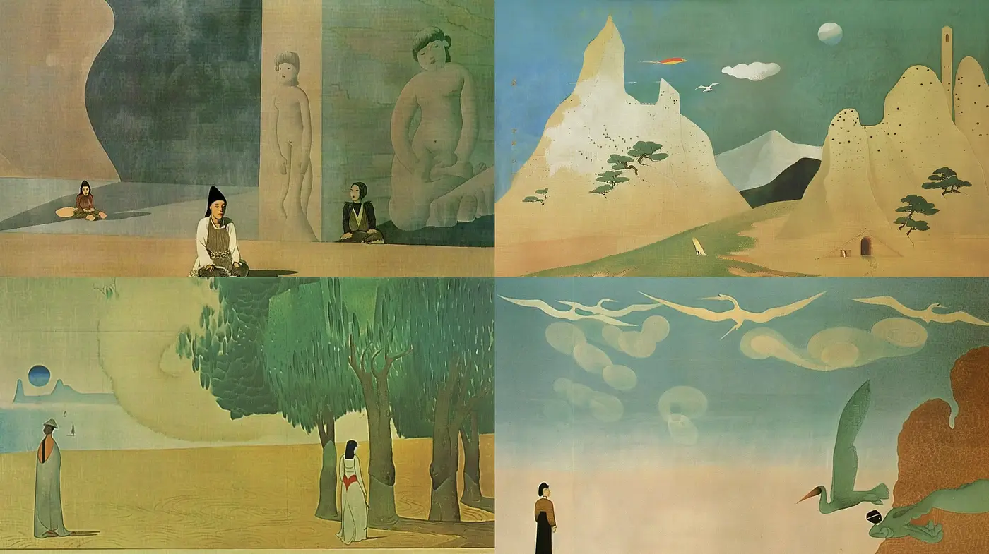 Tranquil Terrains and Timeless Figures – A Homage to Serenity in Arts - Midjourney sref style
