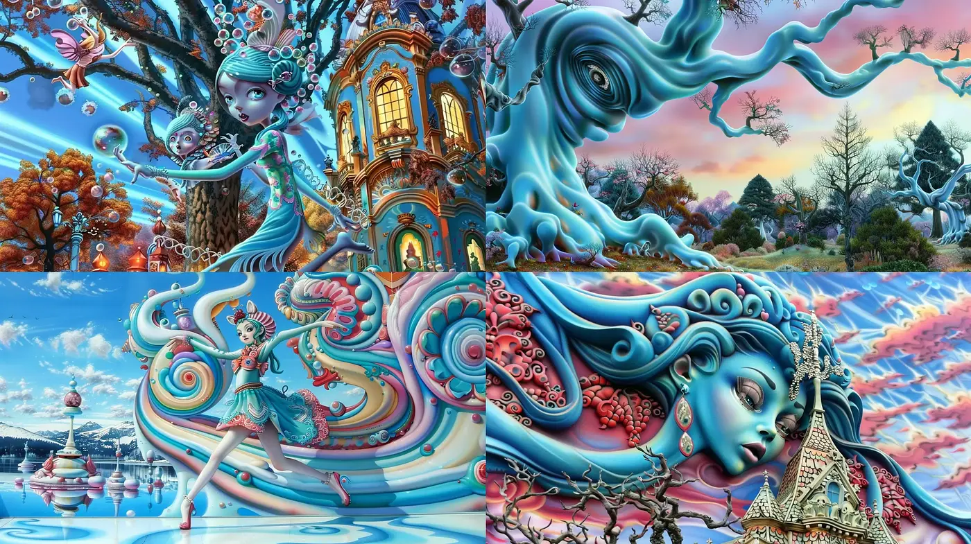 Surreal Dreamscapes with Vibrant Whimsy and Baroque Details - Midjourney sref style