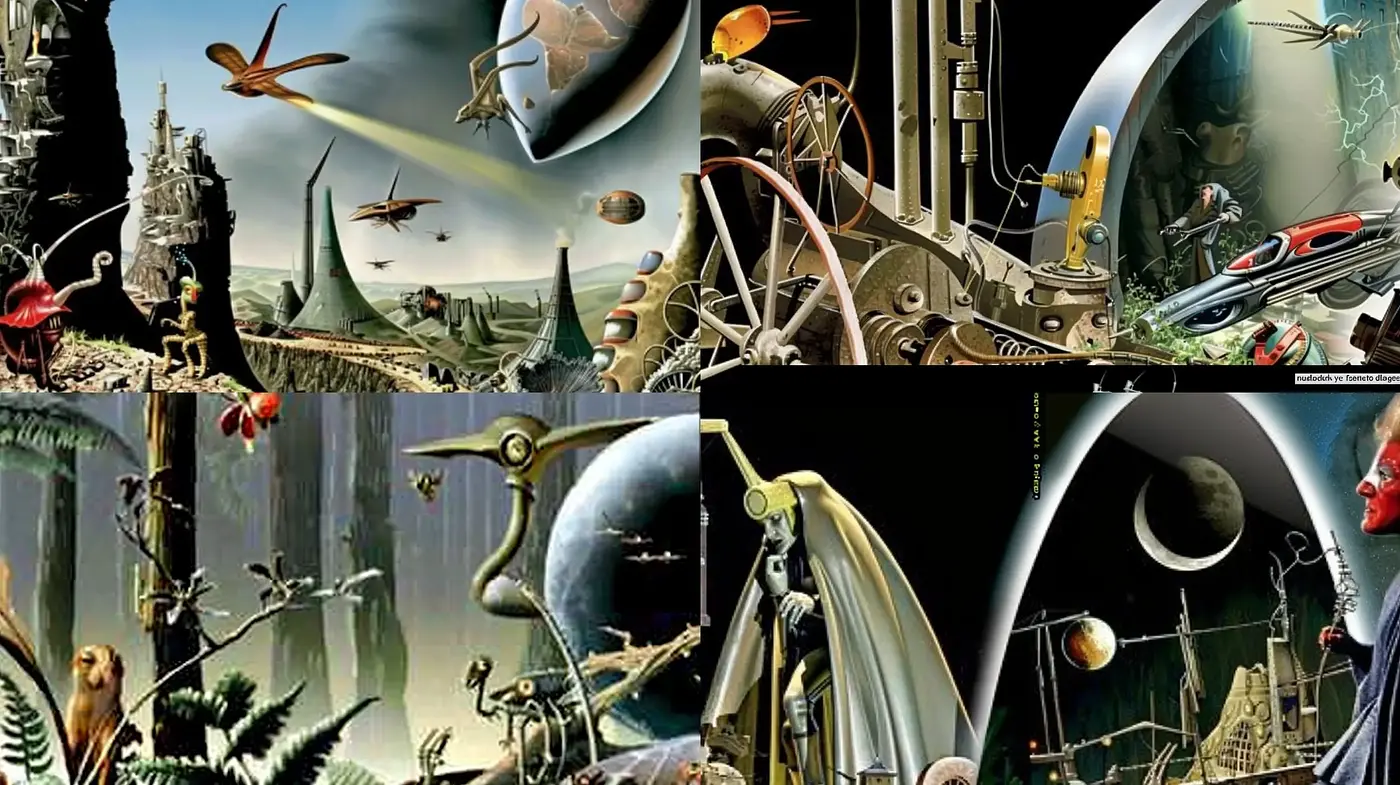Futuristic Surreal Worlds with Mechanical and Organic Synthesis - Midjourney sref style