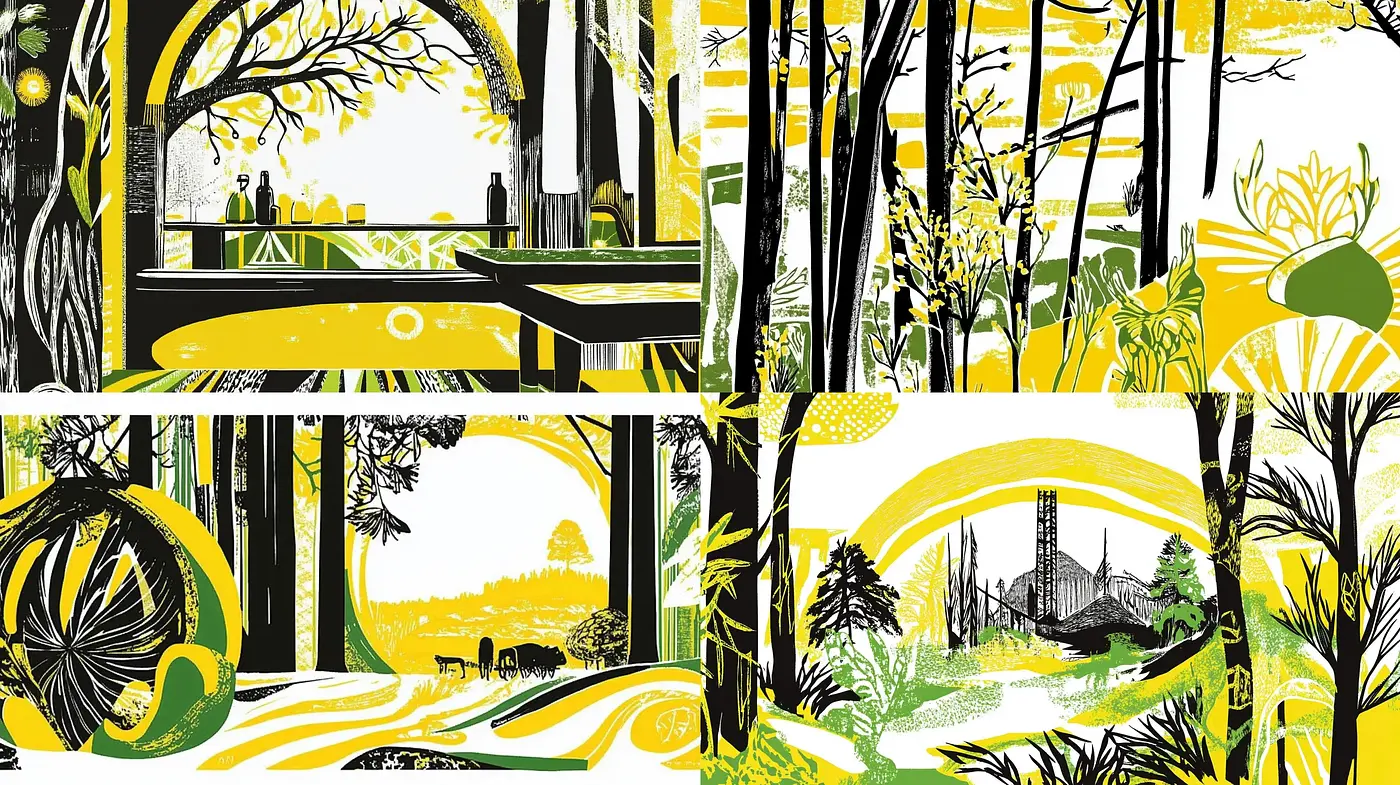 Luminous Monochrome Silhouettes Amidst Vivid Foliage - Midjourney sref style
