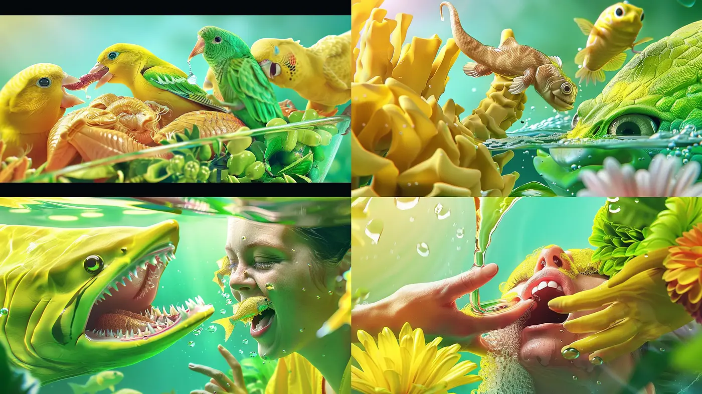 Emerald Zoetropia: A Vivid Fusion of Surreal Wildlife and Dynamic Aquatic Scenes - Midjourney sref style