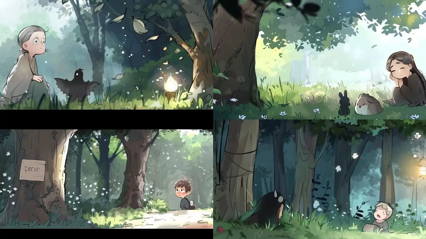 Harmonious Pastel Woodland Exploration in a Stylized Storybook Illustration - Midjourney sref style