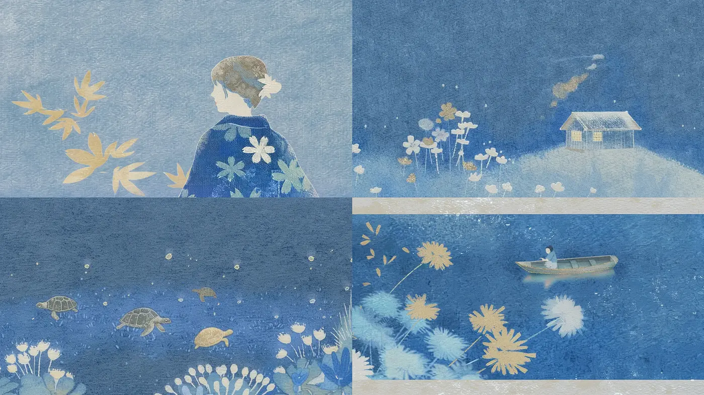 Tranquil Indigo Impressions: A Serene Blue Homage to Nature and Simplicity - Midjourney sref style