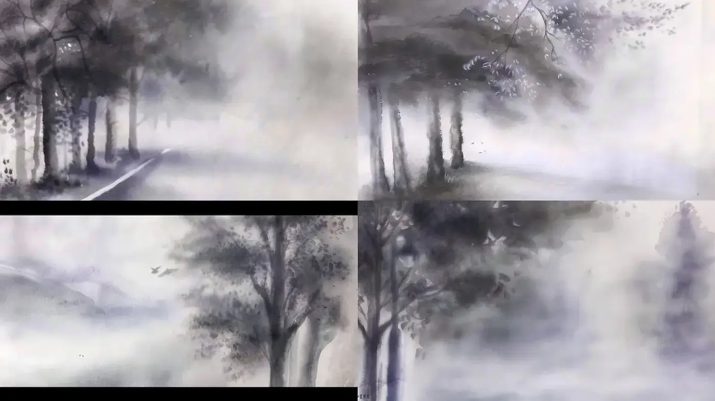 Ethereal Landscape with Misty Ambiance and Watercolor Techniques - Midjourney sref style