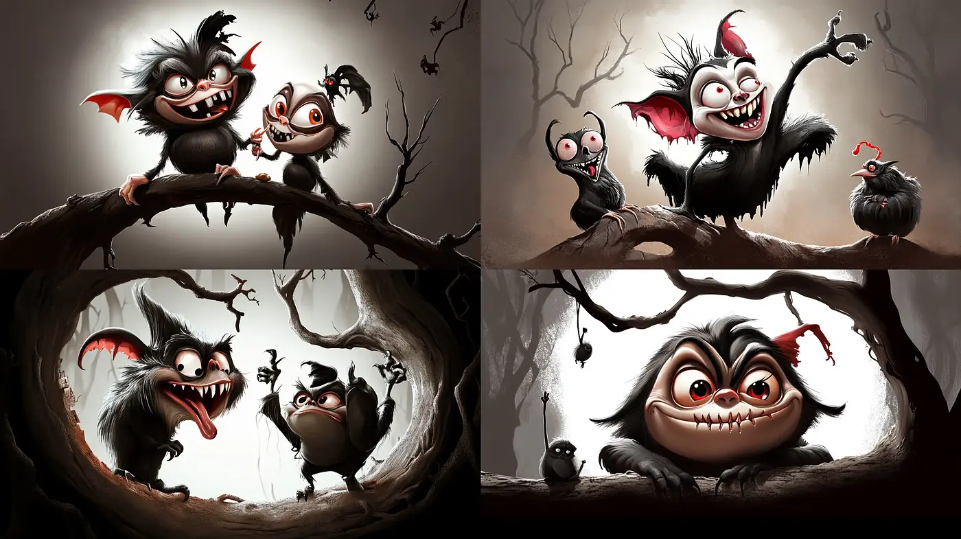 Mischievous Twilight: Gleeful Creatures in a Whimsical Gothic Realm - Midjourney sref style