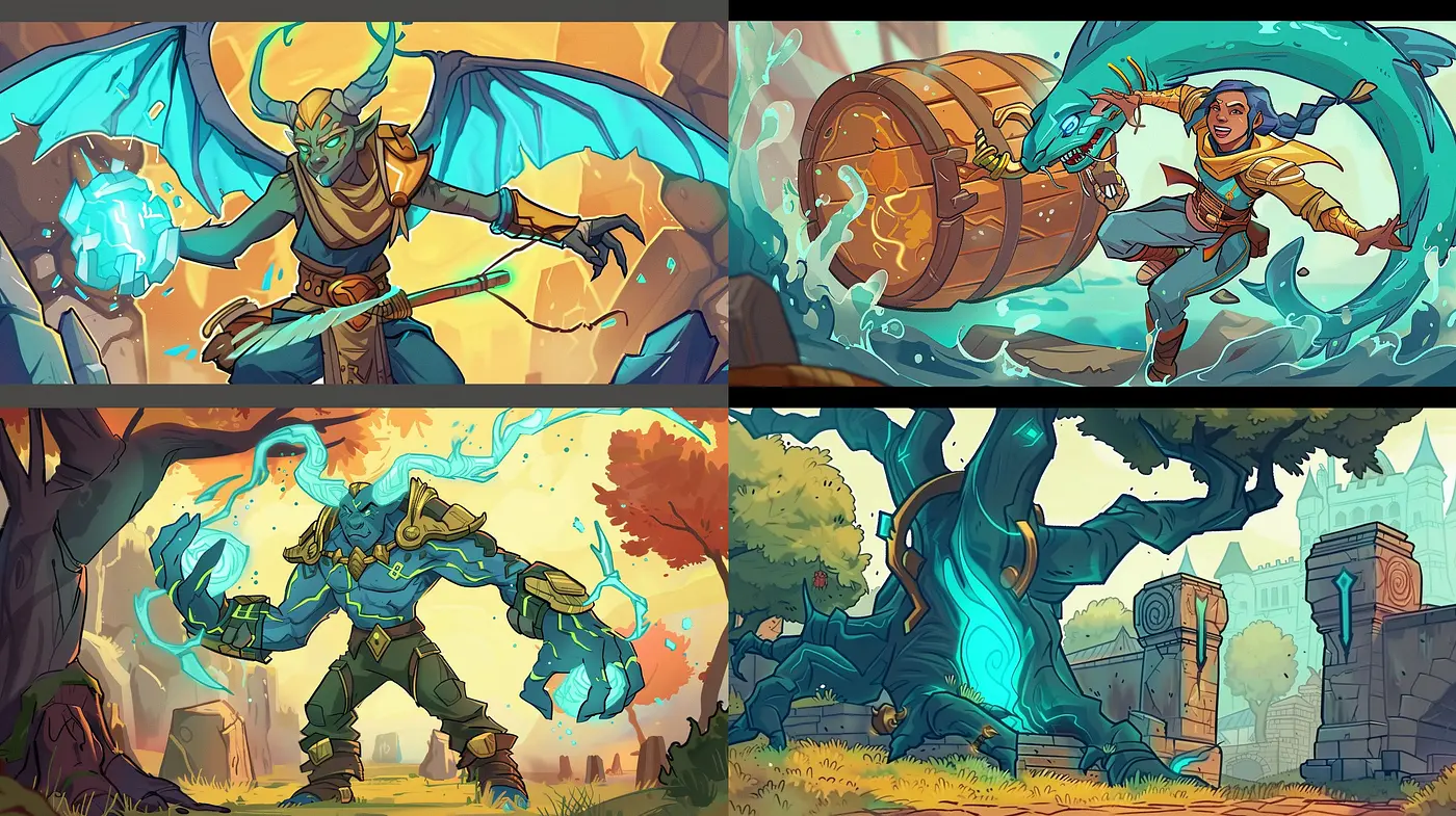 Stylized Fantasy Adventure Illustrations with Vivid Hues and Energetic Dynamics - Midjourney sref style
