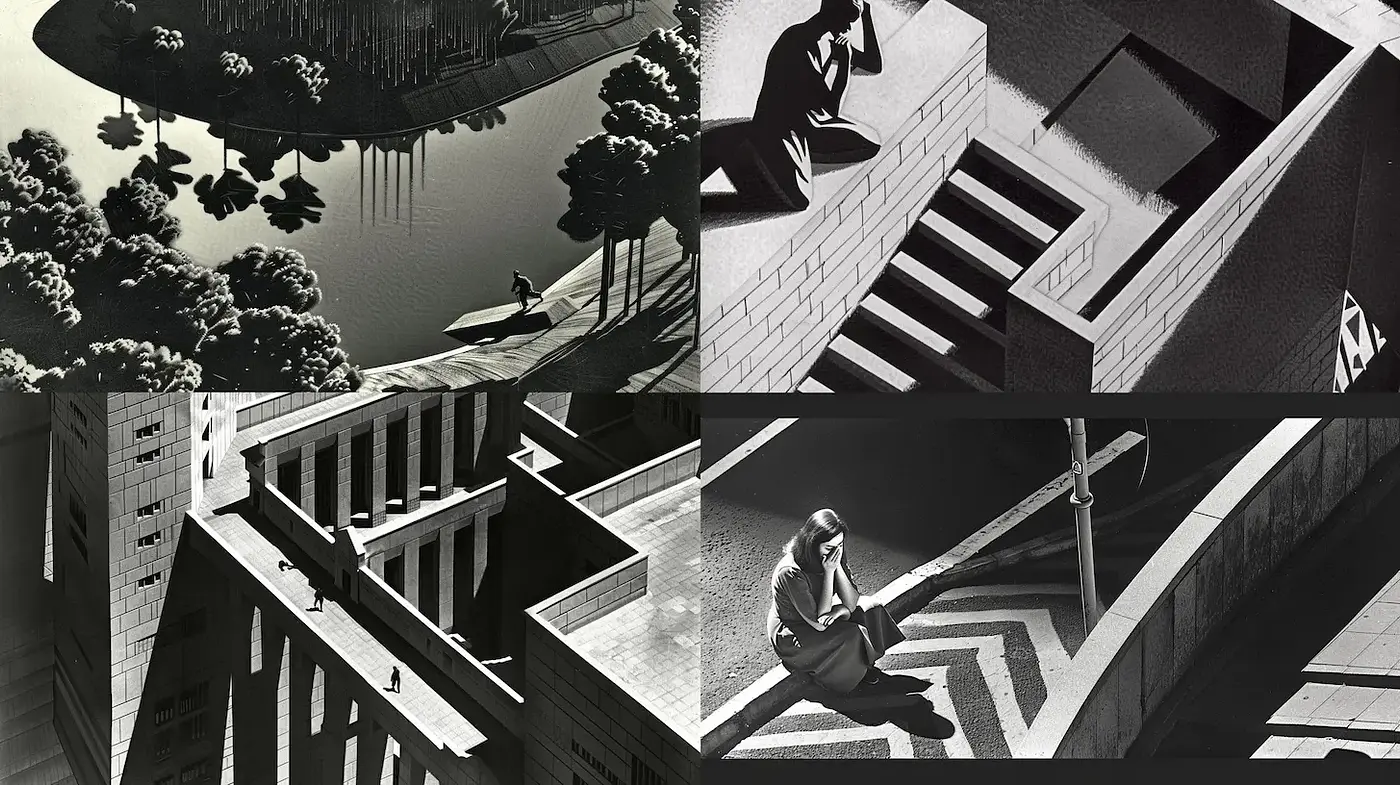 Monochromatic Dystopian Landscapes with Surreal Elements - Midjourney sref style