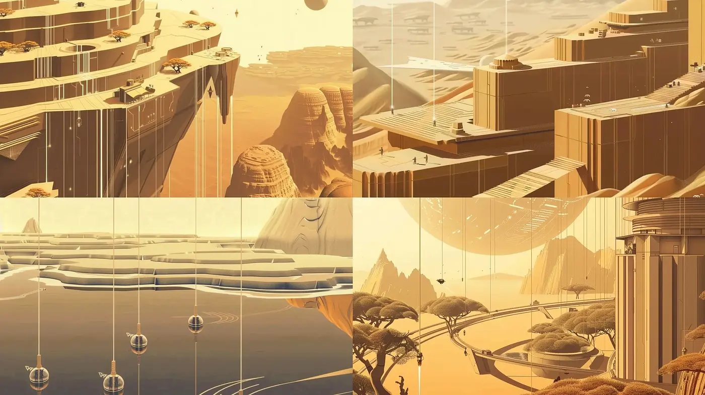 Futuristic Desert Architecture in Warm Sepia Tones - Midjourney sref style