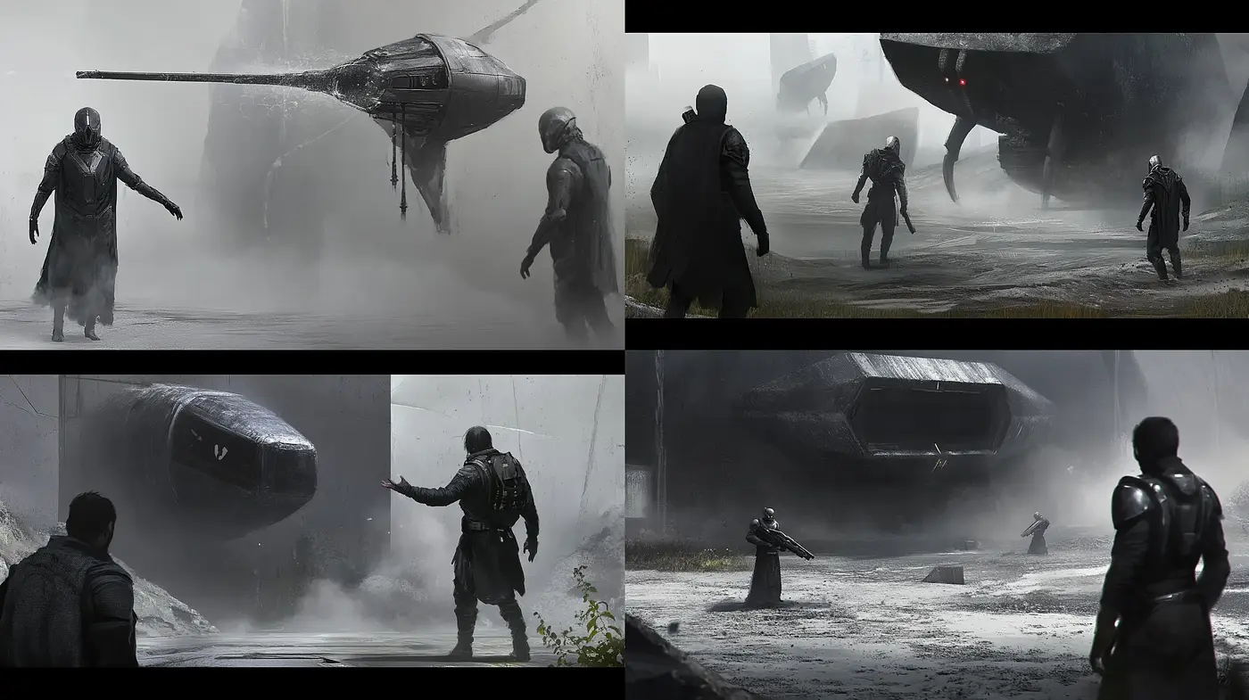 Monochromatic Futuristic Dystopia: A Glimpse Through Mist and Machine - Midjourney sref style