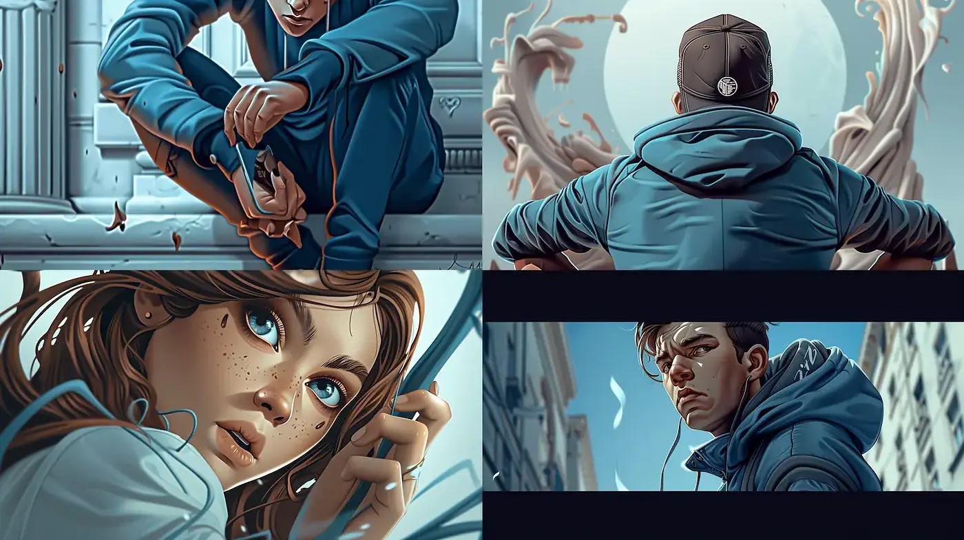Cinematic yet modern illustrative style with emotional depth - Midjourney sref style