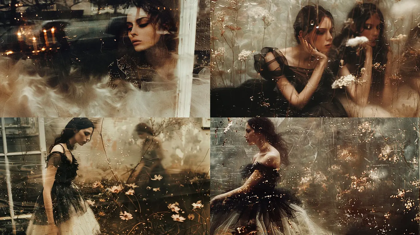 Whispers of Ephemeral Elegance: A Study in Melancholic Tones and Textured Imagery - Midjourney sref style