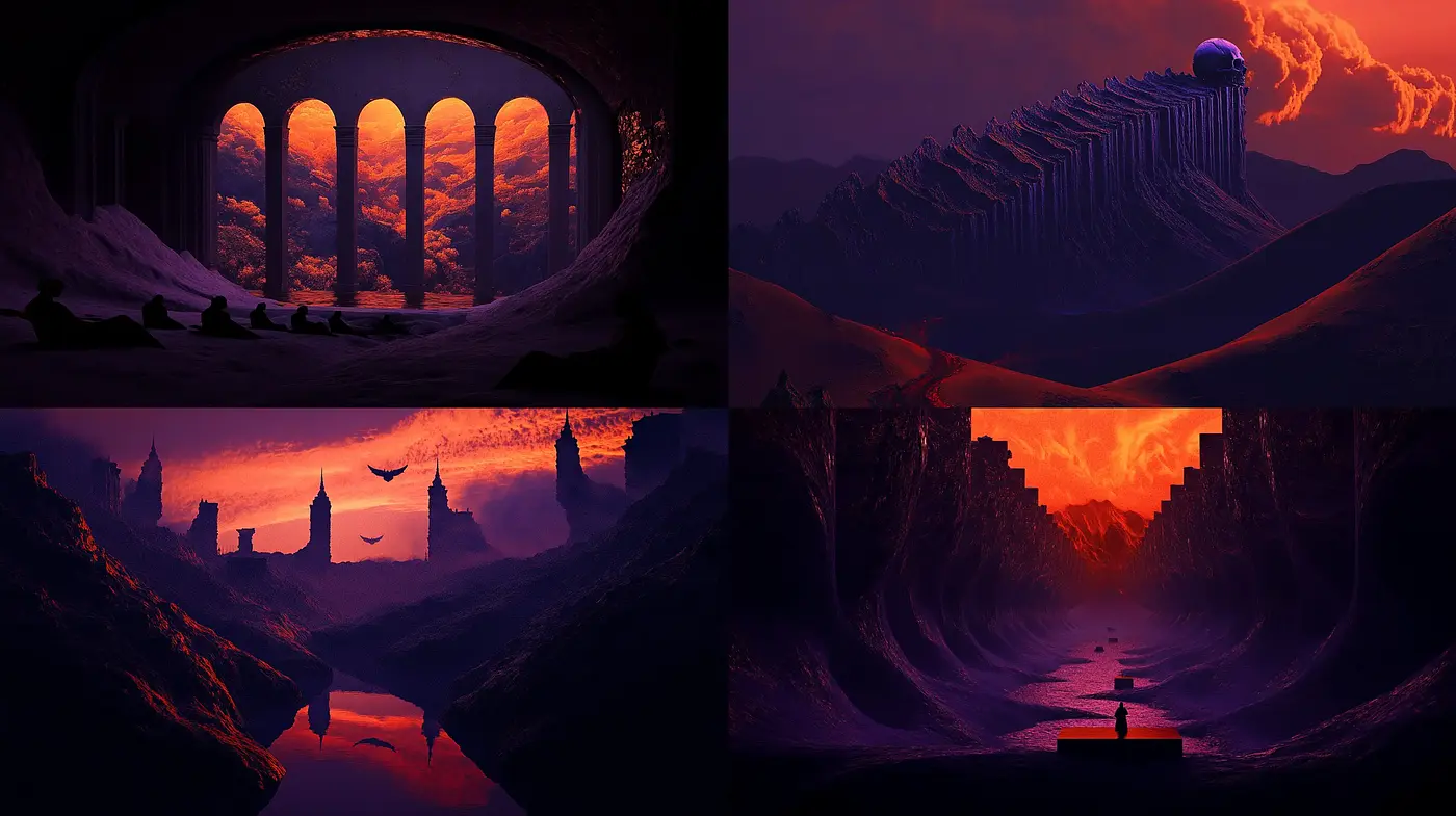Ethereal Twilight Landscapes: A Dreamlike Harmony of Purples and Oranges - Midjourney sref style