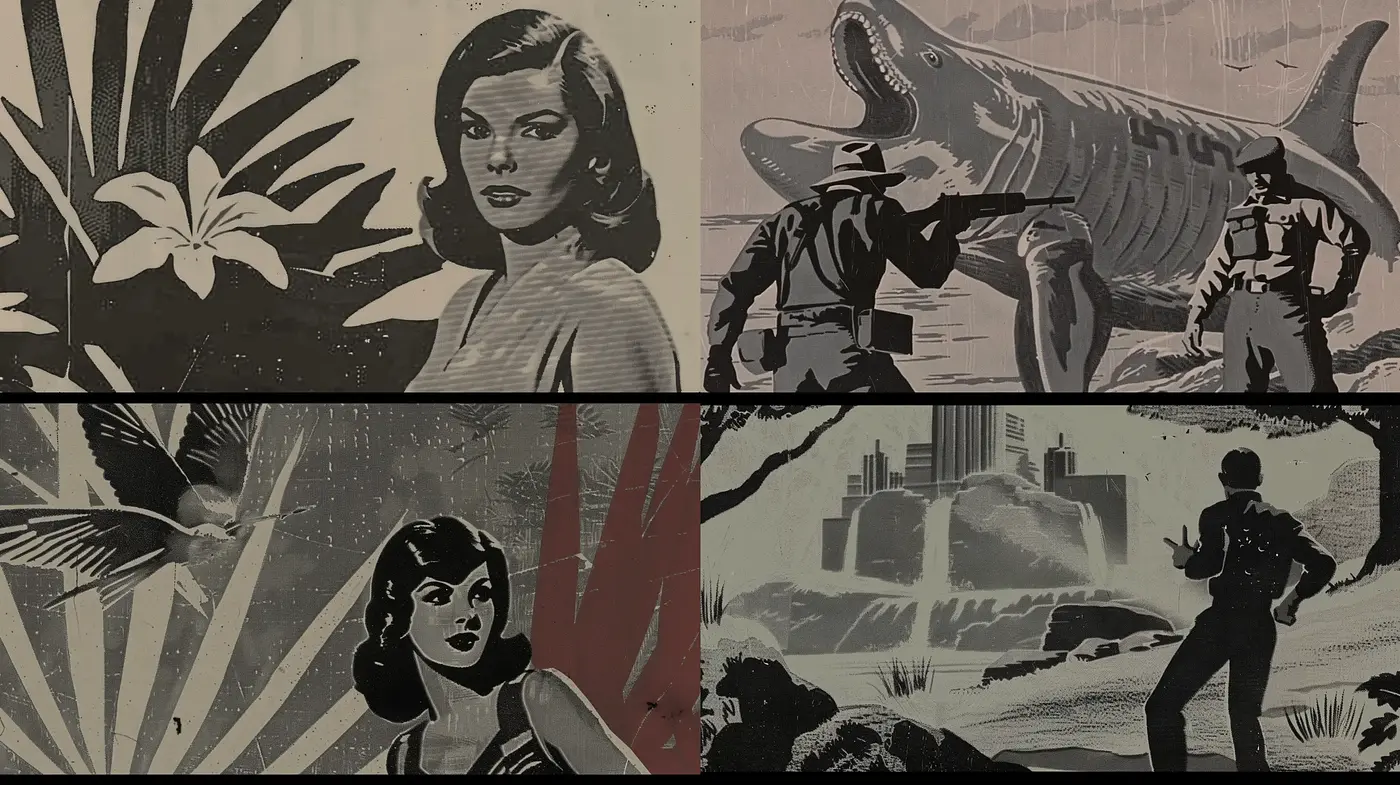 Noir-Inspired Vintage Comic Book Aesthetic with Monochromatic Tones - Midjourney sref style