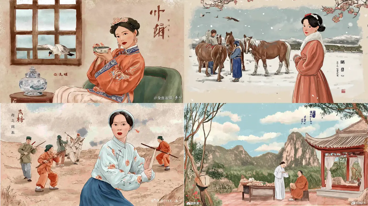 Elegant portrayal of traditional Asian life infused with artistic nostalgia - Midjourney sref style